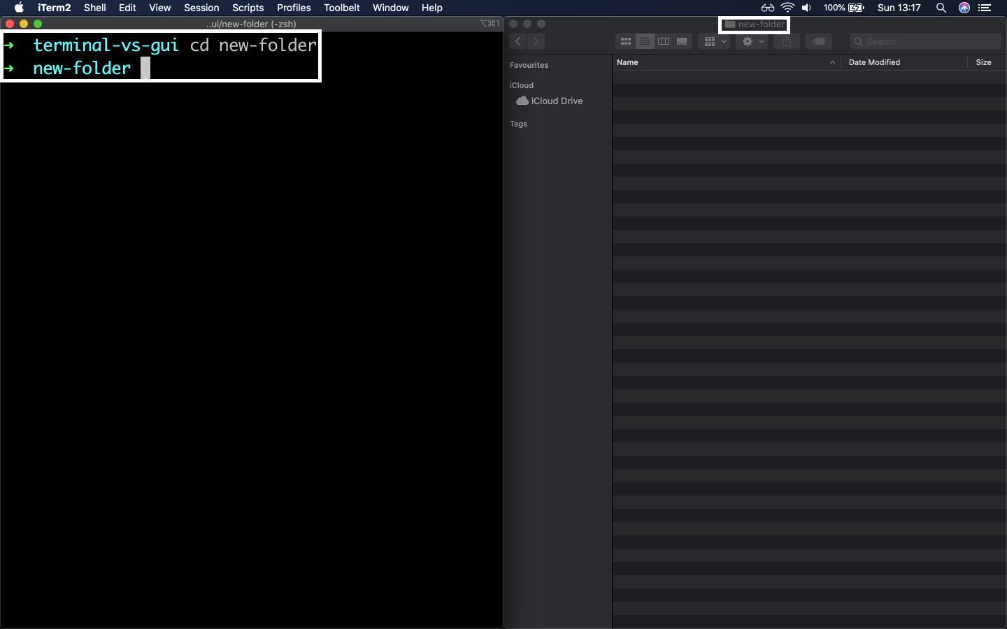 cd command example, comparison of Terminal and Finder