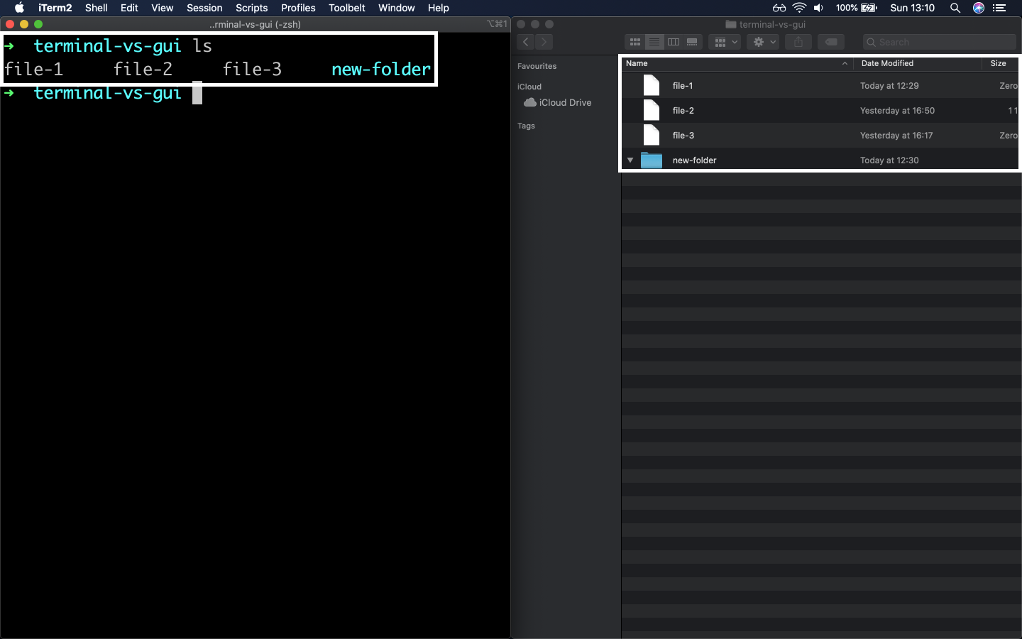 ls command example, comparison of Terminal and Finder