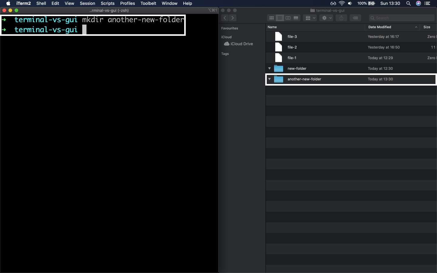 mkdir command example, comparison of Terminal and Finder