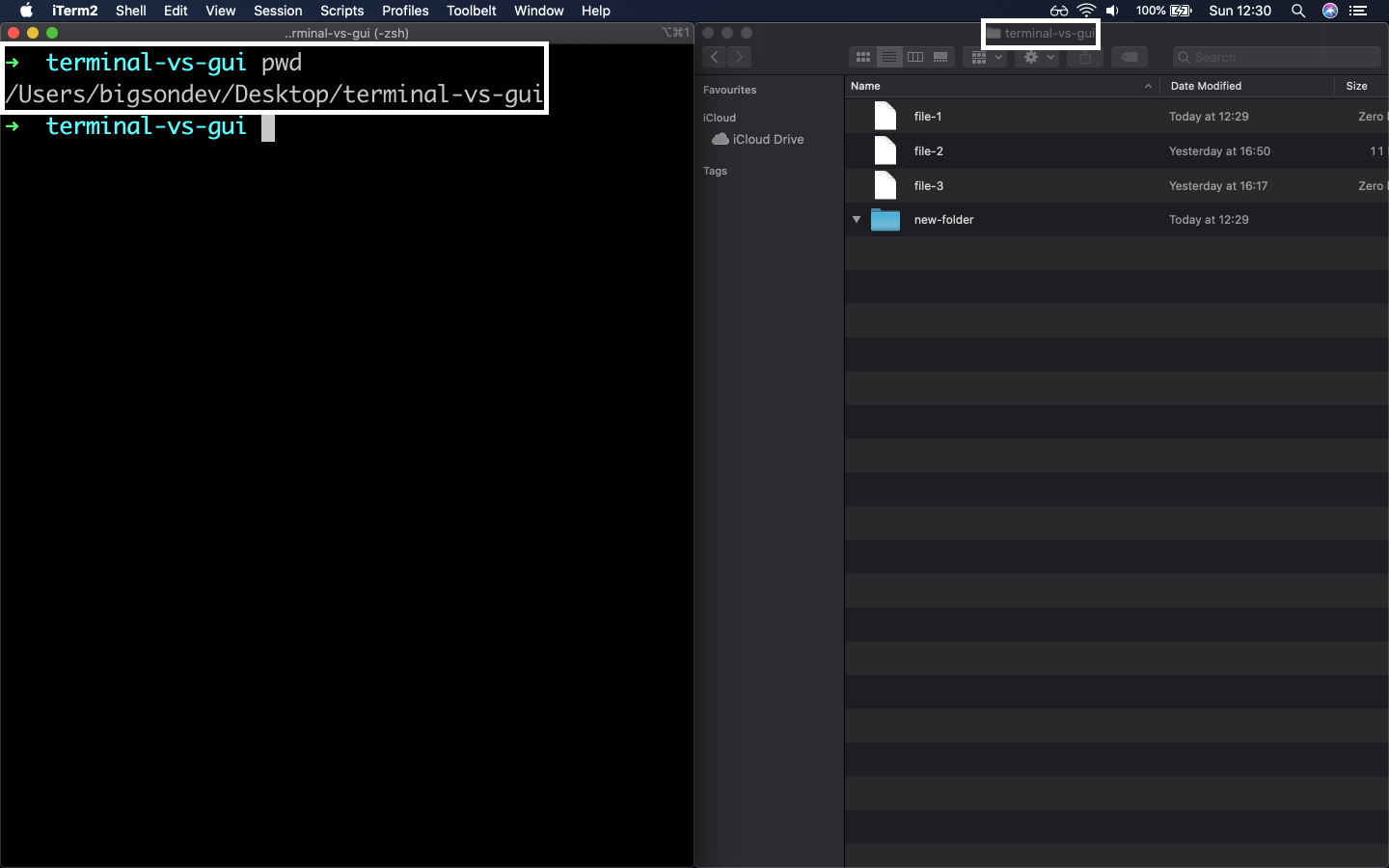 pwd command example, comparison of Terminal and Finder